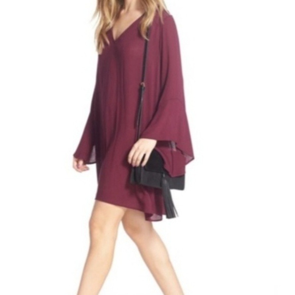 Lush Whitney Romantic Witchy Flirty Hippie Burgundy Bell Sleeve Mini Dress XS